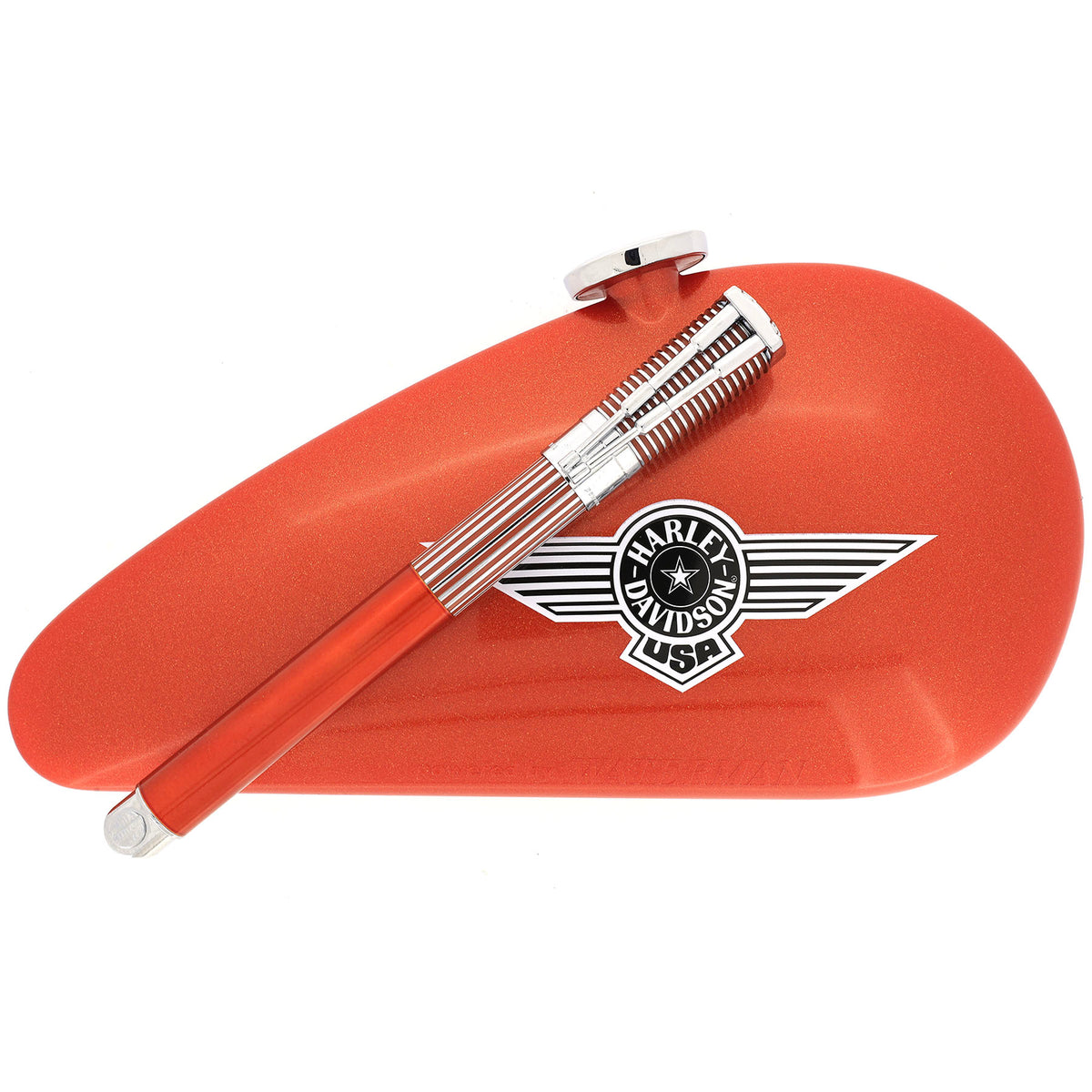 1999 WATERMAN ORANGE & CHROME HARLEY DAVIDSON FOUNTAIN PEN IN GAS TANK