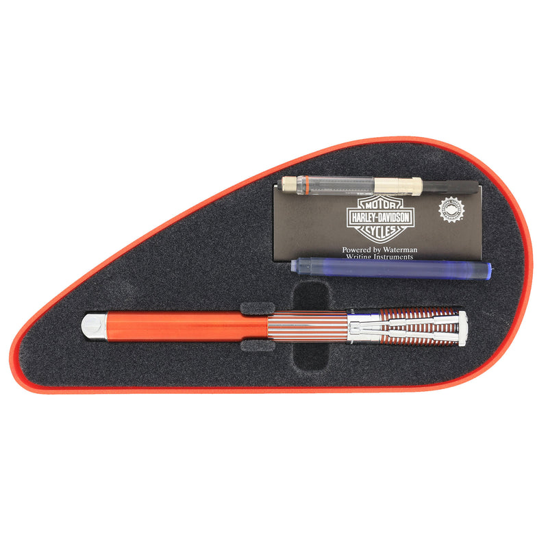 1999 WATERMAN ORANGE & CHROME HARLEY DAVIDSON FOUNTAIN PEN IN GAS TANK