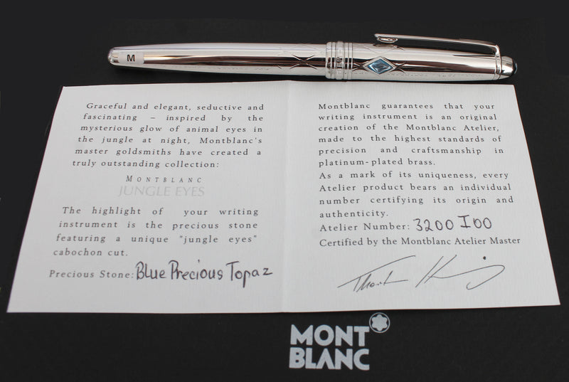 NEVER INKED MONTBLANC SOLITAIRE JUNGLE EYES BLUE TOPAZ FOUNTAIN PEN STICKERED & BOXED OFFERED BY ANTIQUE DIGGER
