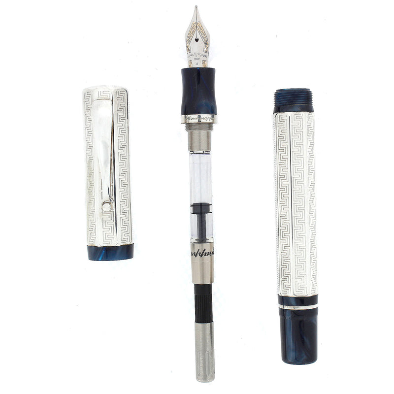 2001 MONTEGRAPPA PRIVILEGE DECO STERLING & BLUE PEARL LARGE FOUNTAIN PEN NEVER INKED OFFERED BY ANTIQUE DIGGER
