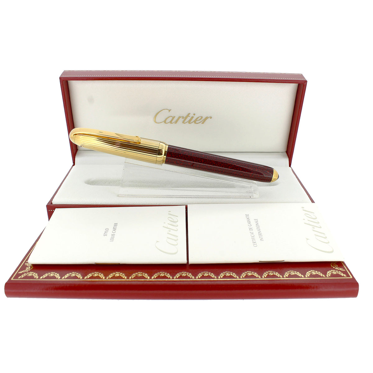 2002 CARTIER BURGUNDY MARBLED LACQUER & 18K GOLD PLATE CAP FOUNTAIN PE