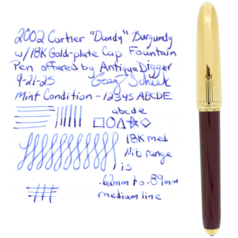 2002 CARTIER DANDY BURGUNDY MARBLED LACQUER & 18K GOLD PLATE CAP FOUNTAIN PEN OFFERED BY ANTIQUE DIGGER
