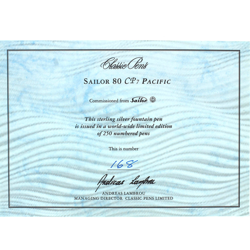 2003 SAILOR CLASSIC PENS CP7 PACIFIC LIMITED EDITION STERLING FOUNTAIN PEN NEVER INKED OFFERED BY ANTIQUE DIGGER