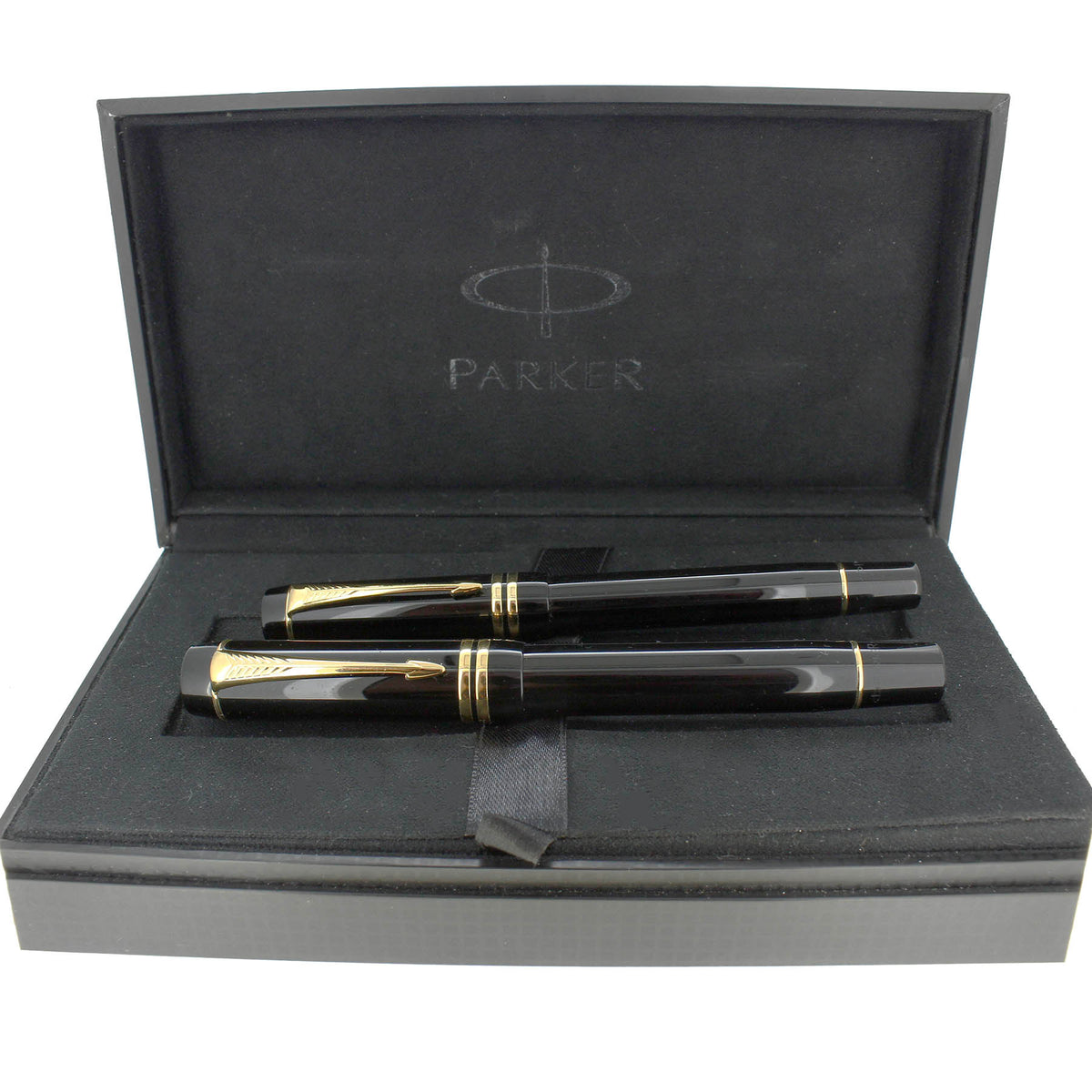 2004 PARKER DUOFOLD CENTENNIAL BLACK FOUNTAIN PEN & ROLLERBALL SET NEA