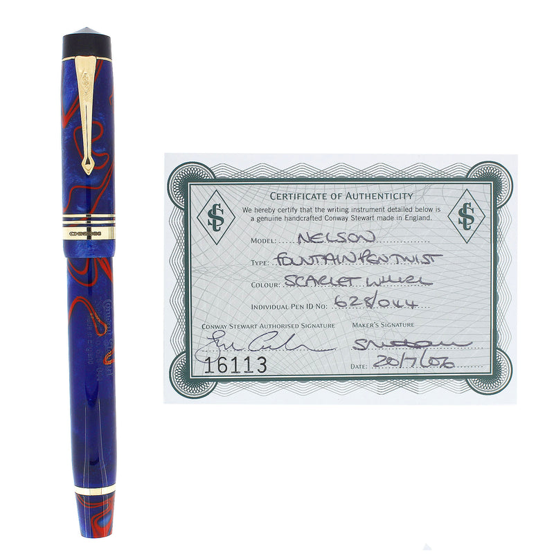 2006 CONWAY STEWART NELSON SCARLET WHIRL 18K TRIM LE 44/628 FOUNTAIN PEN MINT OFFERED BY ANTIQUE DIGGER