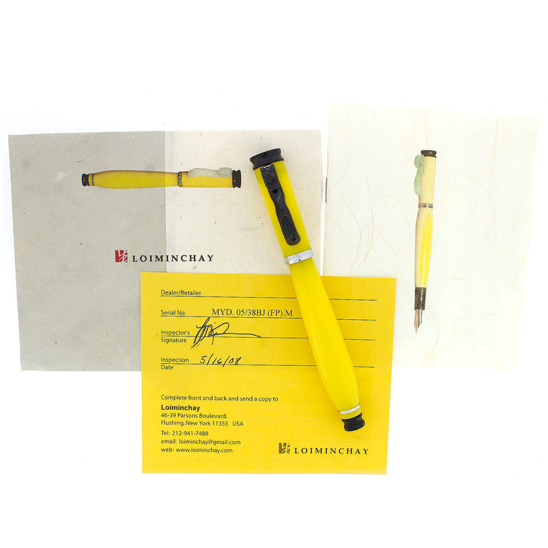 2008 LOIMINCHAY MINI QIAN LONG LIMITED EDITION MANDARIN YELLOW W/BLACK JADE CLIP FOUNTAIN PEN MINT W/DOCUMENTATION OFFERED BY ANTIQUE DIGGER