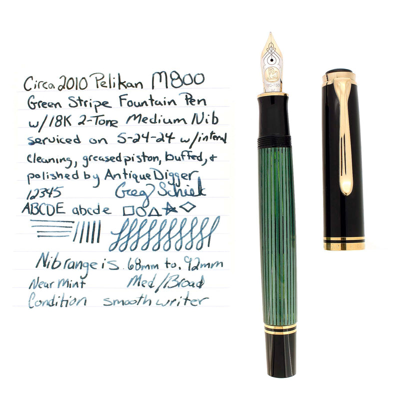 C2010 PELIKAN M800 GREEN STRIPED ONE-CHICK LOGO 18K MED NIB FOUNTAIN PEN NEAR MINT OFFERED BY ANTIQUE DIGGER