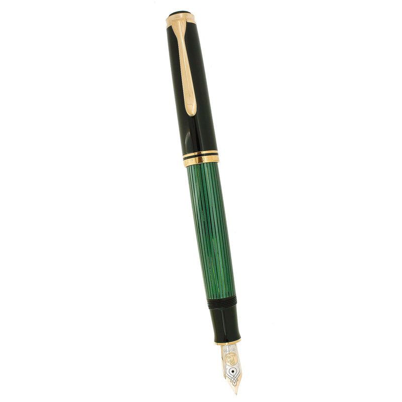 C2010 PELIKAN M800 GREEN STRIPED ONE-CHICK LOGO 18K MED NIB FOUNTAIN PEN NEAR MINT OFFERED BY ANTIQUE DIGGER