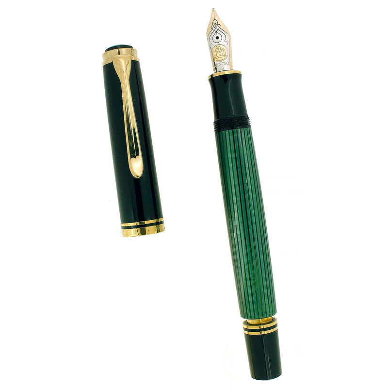 C2010 PELIKAN M800 GREEN STRIPED ONE-CHICK LOGO 18K MED NIB FOUNTAIN PEN NEAR MINT OFFERED BY ANTIQUE DIGGER