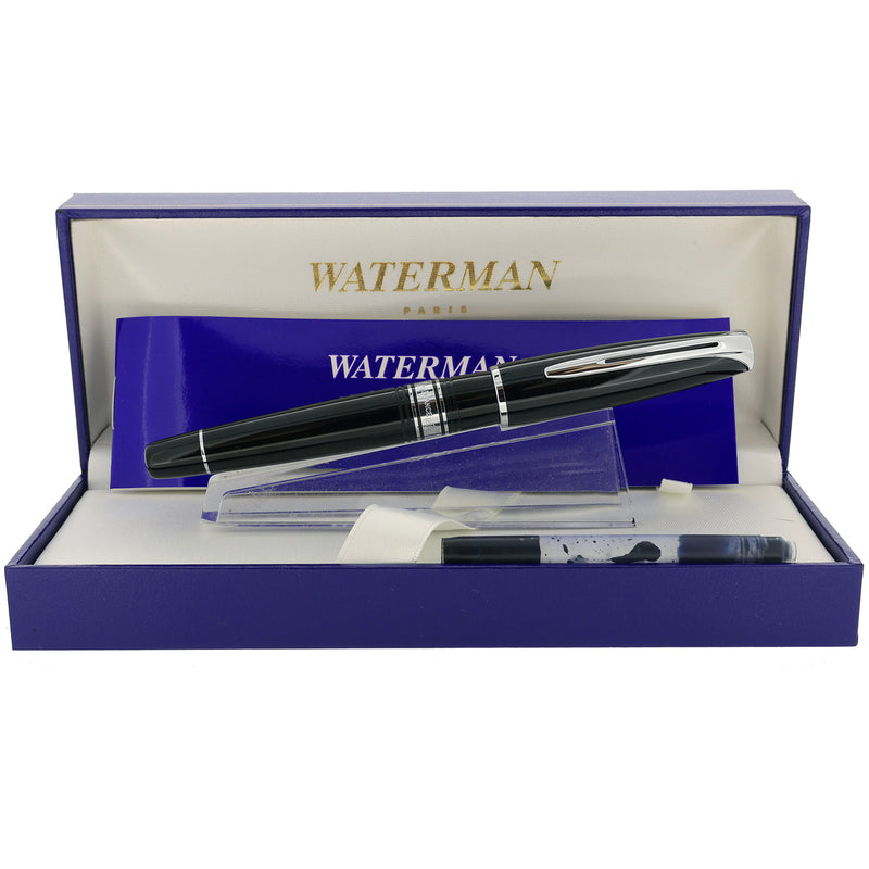 2010 WATERMAN CHARLESTON BLACK W/RHOUDIUM TRIM 18K MEDIUM NIB FOUNTAIN