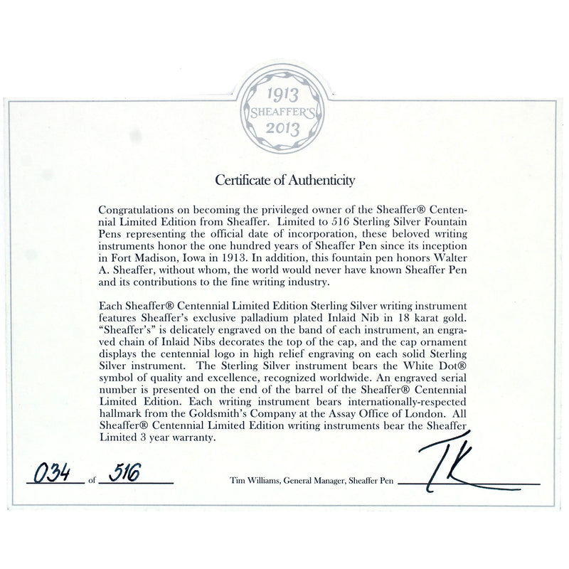 RARE 2013 SHEAFFER CENTENNIAL STERLING SILVER LIMITED EDITION 34/516 FOUNTAIN PEN NEVER INKED OFFERED BY ANTIQUE DIGGER