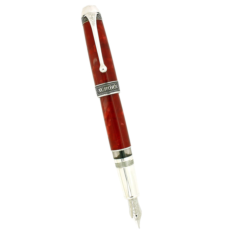 2004 AURORA 85TH ANNIVERSARY LIMITED EDITION STERLING SILVER & RED MARBLED FOUNTAIN PEN NEVER INKED OFFERED BY ANTIQUE DIGGER