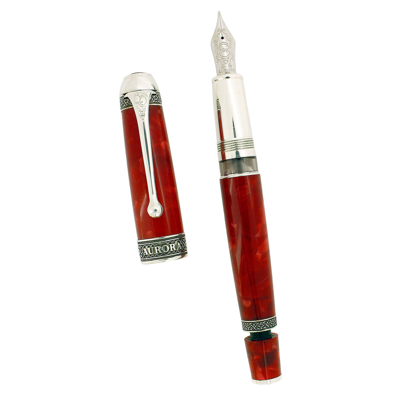 2004 AURORA 85TH ANNIVERSARY LIMITED EDITION STERLING SILVER & RED MARBLED FOUNTAIN PEN NEVER INKED OFFERED BY ANTIQUE DIGGER