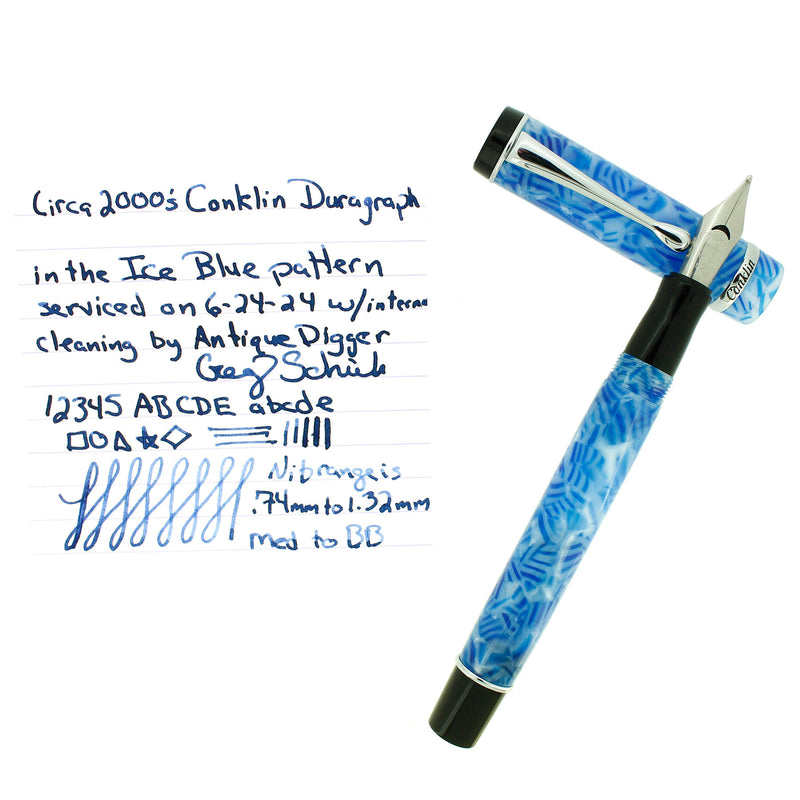 CONKLIN DURAGRAPH ICE BLUE BROAD NIB FOUNTAIN PEN SERVICED OFFERED BY ANTIQUE DIGGER