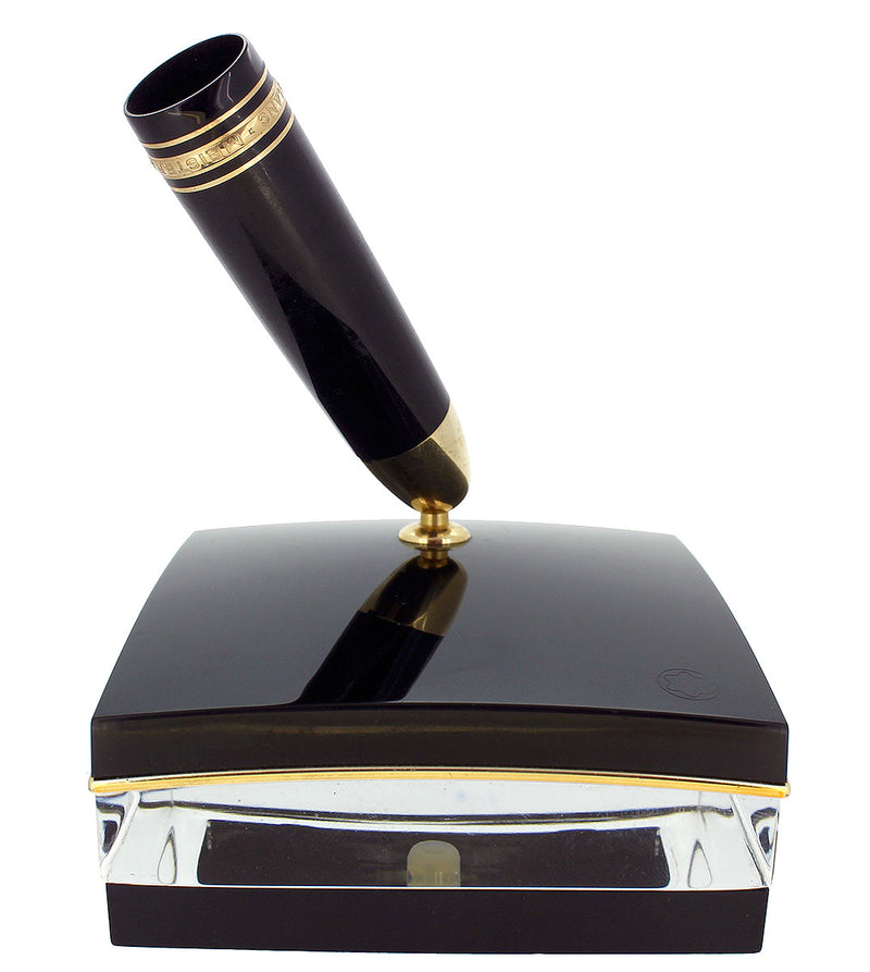 2000s MONTBLANC MEISTERSTUCK N°149 FOUNTAIN PEN STAND BLACK, GOLD, & CRYSTAL OFFERED BY ANTIQUE DIGGER