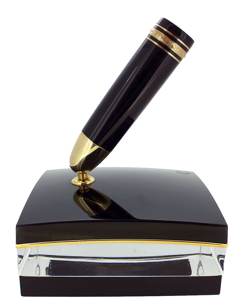 2000s MONTBLANC MEISTERSTUCK N°149 FOUNTAIN PEN STAND BLACK, GOLD, & CRYSTAL OFFERED BY ANTIQUE DIGGER