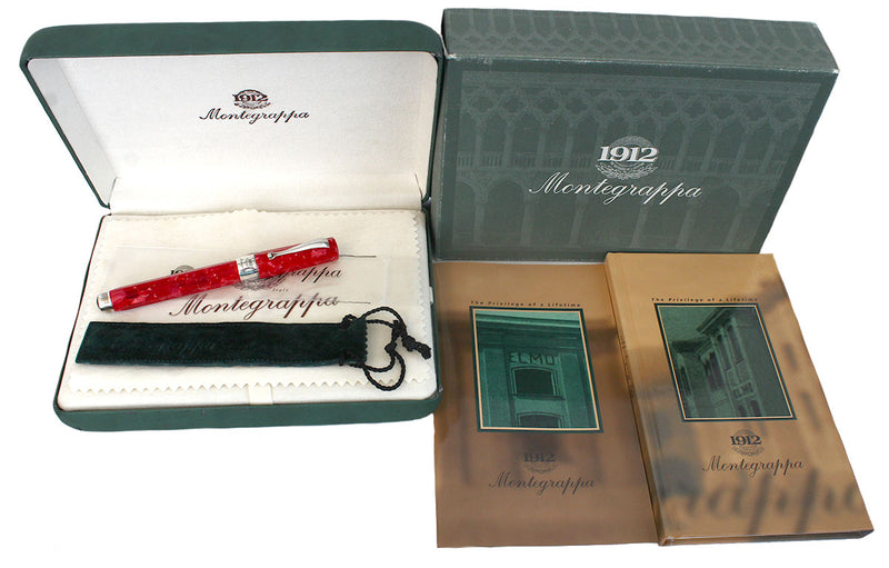 MONTEGRAPPA 1912 SYMPHONY RED CRACKED ICE CELLULOID STERLING TRIM FOUNTAIN PEN NEVER INKED NOS OFFERED BY ANTIQUE DIGGER