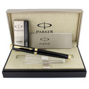 PARKER PREMIER BLACK LACQUE GOLD TRIM W/18K MED NIB FOUNTAIN PEN NEVER INKED OFFERED BY ANTIQUE DIGGER