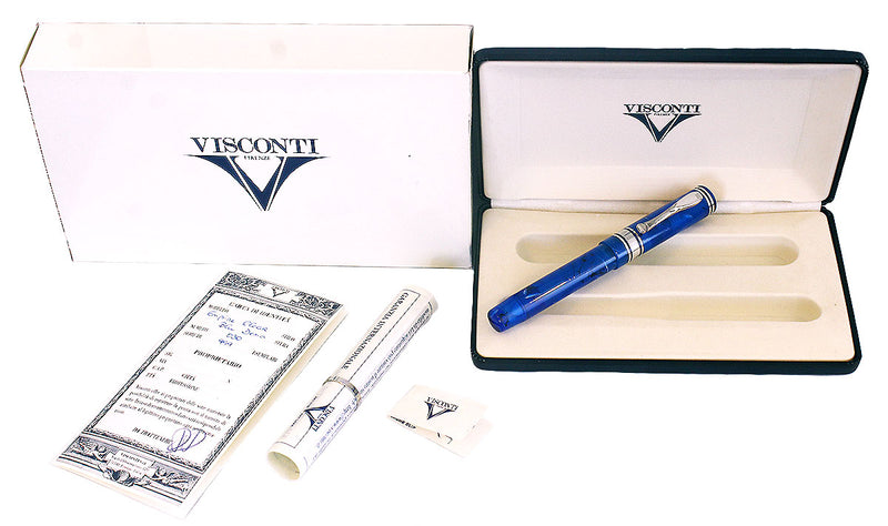 VISCONTI EMPIRE BLUE DEMONSTRATOR STERLING TRIM 18K FINE NIB FOUNTAIN PEN NEVER INKED NOS OFFERED BY ANTIQUE DIGGER