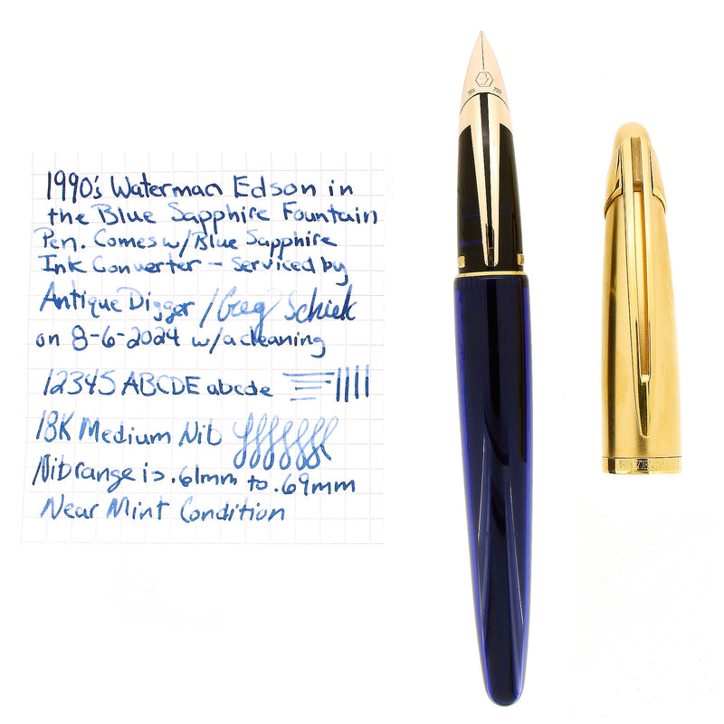 1990S WATERMAN SAPPHIRE BLUE EDSON 18K MED NIB FOUNTAIN PEN W/SAPPHIRE INK CONVERTER OFFERED BY ANTIQUE DIGGER