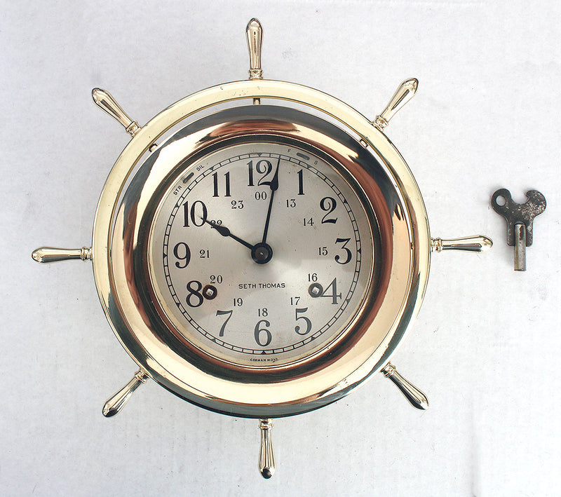 VINTAGE SETH THOMAS SHIPS WHEEL BRASS HELMSMAN 8-DAY CLOCK CHIMES & WORKS OFFERED BY ANTIQUE DIGGER