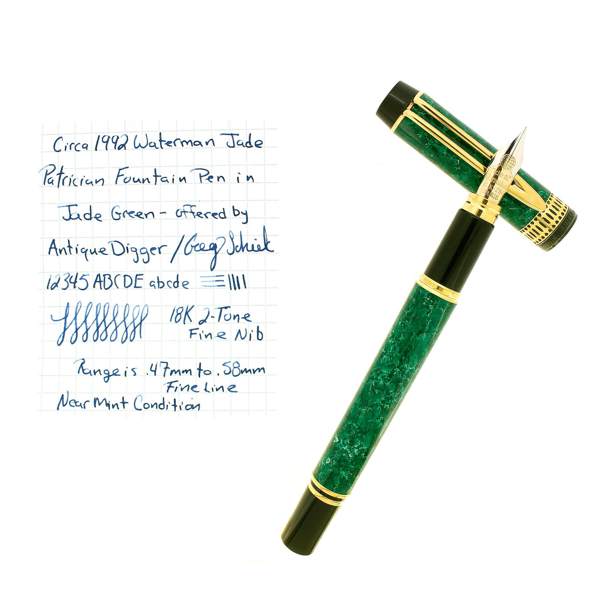 CIRCA 1992 WATERMAN PATRICIAN JADE GREEN 18K FINE GLOBE NIB FOUNTAIN P
