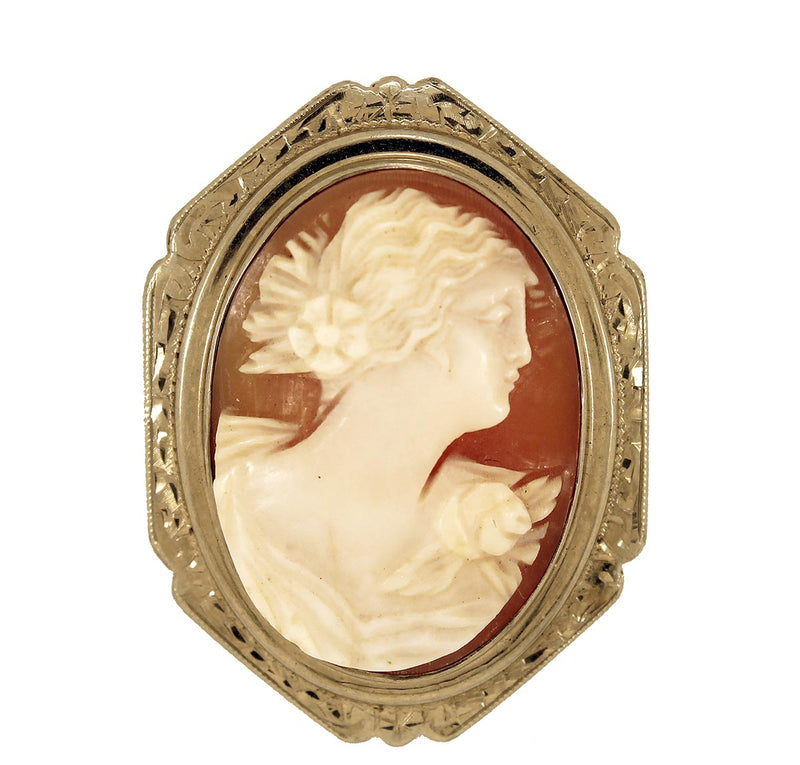 ANTIQUE 14K CAMEO BROOCH WITH HAND CHASED BEZEL & RELIEF SHELL CAMEO OFFERED BY ANTIQUE DIGGER