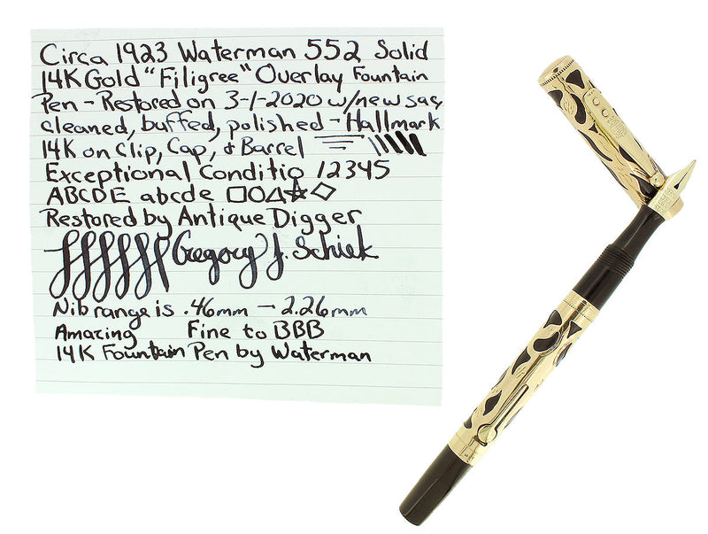 C1923 WATERMAN 552 SOLID 14K GOLD FILIGREE ART NOUVEAU OVERLAY FOUNTAIN PEN RESTORED OFFERED BY ANTIQUE DIGGER