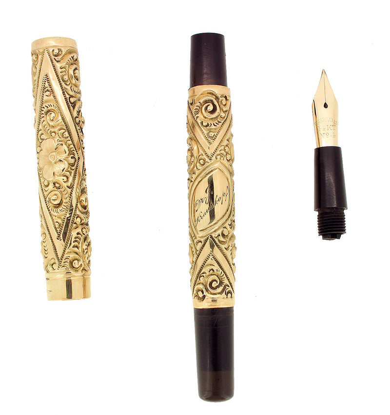 LATE 1800S REPOUSSE GOLD FILLED DIAMOND SNAIL FLORAL PATTERN FOUNTAIN PEN RESTORED OFFERED BY ANTIQUE DIGGER