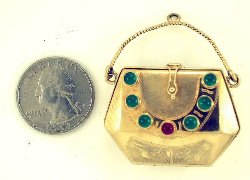 ESTATE ANTIQUE 18K 750 YELLOW GOLD EMERALD & RUBY CABOCHON JEWELED MINIATURE PURSE offer by Antique Digger