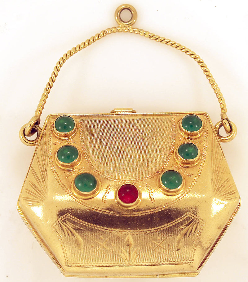 ESTATE ANTIQUE 18K 750 YELLOW GOLD EMERALD & RUBY CABOCHON JEWELED MINIATURE PURSE offer by Antique Digger