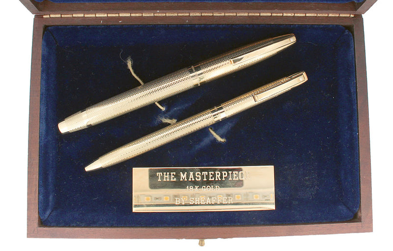 1970S SHEAFFER IMPERIAL TD 18K SOLID GOLD MASTERPIECE BARLEYCORN PATTERN FOUNTAIN PEN & BALLPOINT PEN SET OFFERED BY ANTIQUE DIGGER