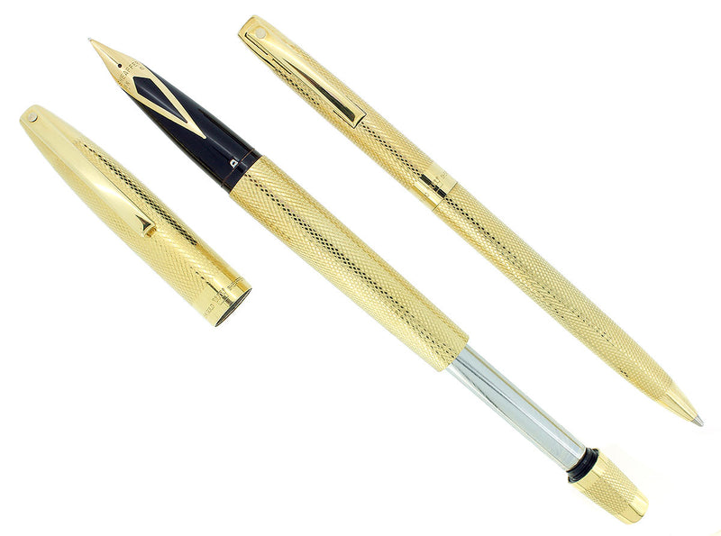 1970S SHEAFFER IMPERIAL TD 18K SOLID GOLD MASTERPIECE BARLEYCORN PATTERN FOUNTAIN PEN & BALLPOINT PEN SET OFFERED BY ANTIQUE DIGGER