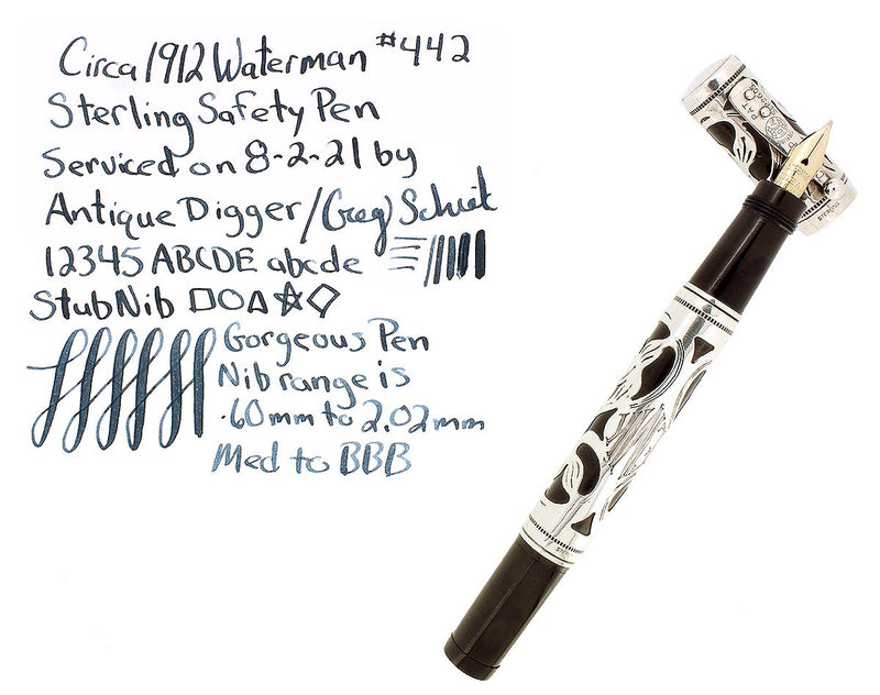 C1912 WATERMAN STERLING 442 TREFOIL VINE PATTERN SAFETY FOUNTAIN PEN RESTORED OFFERED BY ANTIQUE DIGGER