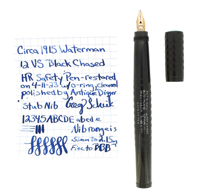 CIRCA 1915 WATERMAN 12 VS BCHR SAFETY FOUNTAIN PEN STUB NIB RESTORED OFFERED BY ANTIQUE DIGGER