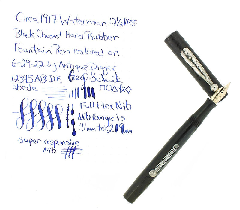 C1917 WATERMAN 12 1/2 VPSF BLACK CHASED HARD RUBBER FOUNTAIN PEN RESTORED OFFERED BY ANTIQUE DIGGER