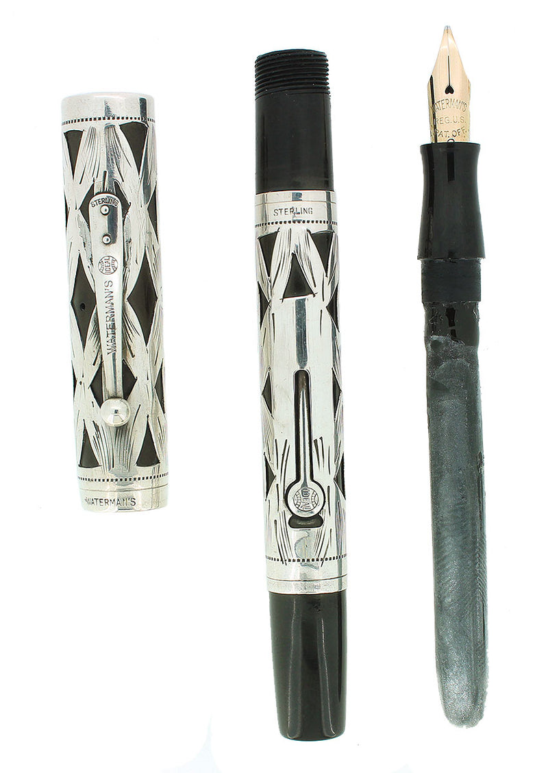 1920S WATERMAN 452 STERLING OVERLAY FOUNTAIN PEN M-BBB 2.22MM FLEX NIB RESTORED OFFERED BY ANTIQUE DIGGER