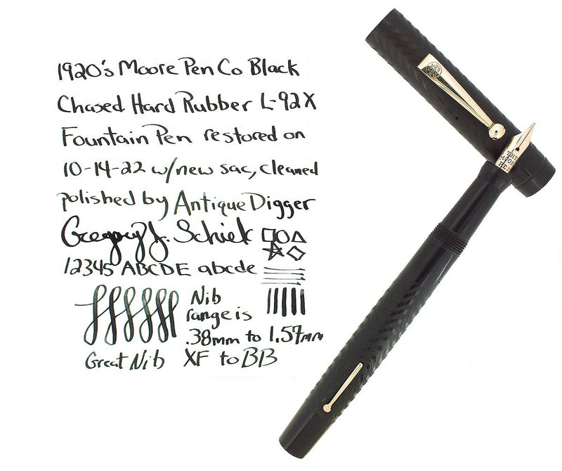 CIRCA 1925 MOORE L-92X BLACK CHASED HARD RUBBER STUB NIB FOUNTAIN PEN RESTORED NEAR MINT OFFERED BY ANTIQUE DIGGER