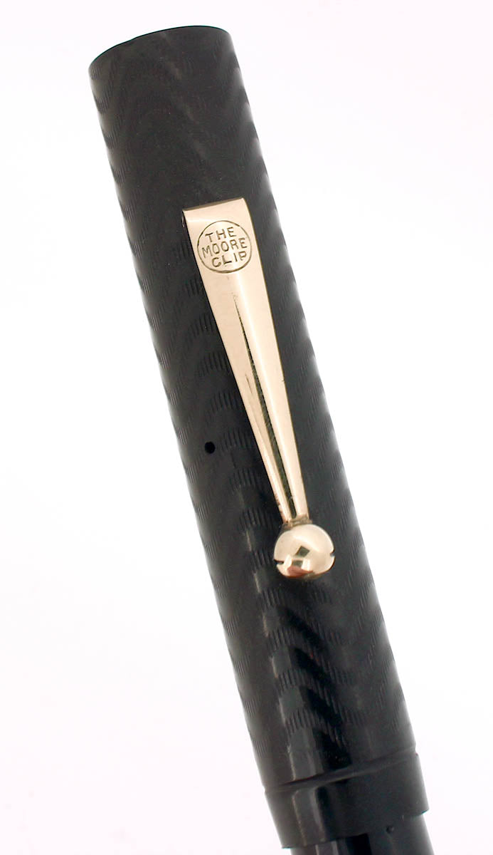 CIRCA 1925 MOORE L-92X BLACK CHASED HARD RUBBER STUB NIB FOUNTAIN PEN RESTORED NEAR MINT OFFERED BY ANTIQUE DIGGER