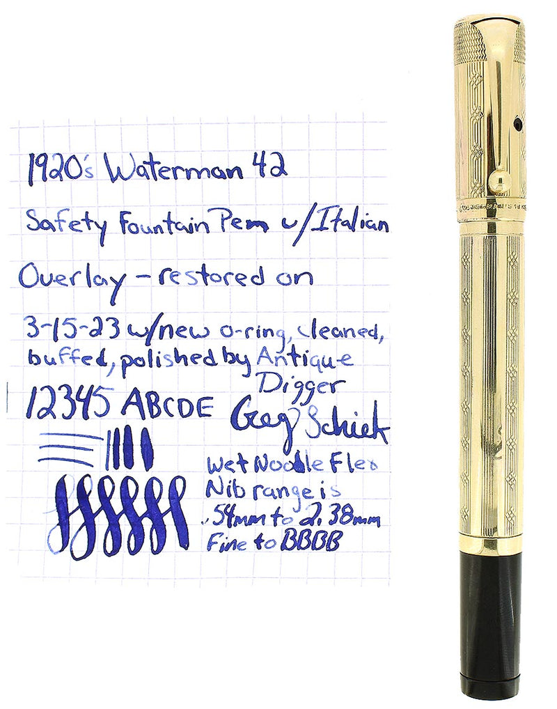 1920S WATERMAN 42 ITALIAN 18KR ROLLED GOLD GUILLOCHE WET NOODLE 2.38MM FLEX NIB SAFETY PEN RESTORED OFFERED BY ANTIQUE DIGGER