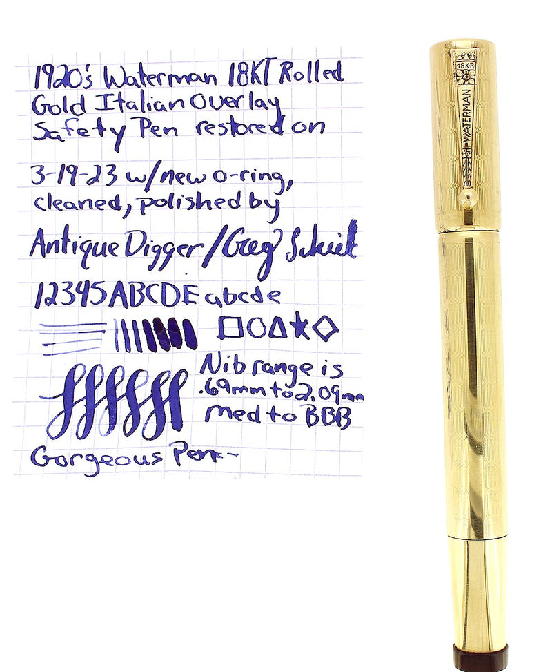 1920S WATERMAN 42 ITALIAN 18KR ROLLED GOLD GUILLOCHE M-BBB 2.08MM FLEX NIB SAFETY PEN RESTORED OFFERED BY ANTIQUE DIGGER