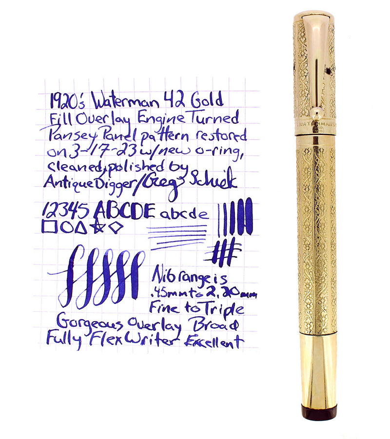 1920S WATERMAN 42 ITALIAN 18KR ROLLED GOLD VINE & LEAF GUILLOCHE ENGINE TURNED SAFETY PEN RESTORED OFFERED BY ANTIQUE DIGGER