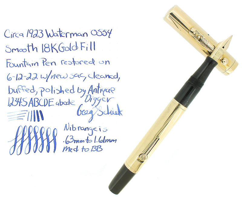 C1923 WATERMAN 0554 SMOOTH 18K GOLD FILLED OVERLAY FOUNTAIN PEN RESTORED OFFERED BY ANTIQUE DIGGER