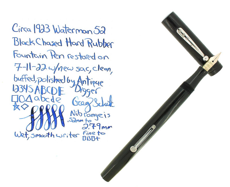 C1923 WATERMAN 52 BLACK CHASED HR FOUNTAIN PEN 14K F-BBB+ FLEX NIB RESTORED OFFERED BY ANTIQUE DIGGER