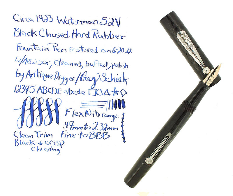 C1923 WATERMAN 52V BLACK CHASED HR FOUNTAIN PEN 14K F-BBB+ FLEX NIB RESTORED OFFERED BY ANTIQUE DIGGER