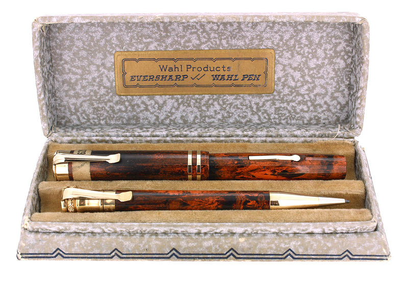 C1925 WAHL MOTTLED HARD RUBBER FOUNTAIN PEN & PENCIL SET BOXED STICKERED NOS OFFERED BY ANTIQUE DIGGER