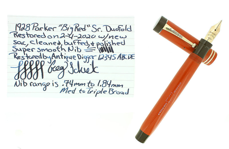 1928 PARKER DUOFOLD SENIOR RED PERMANITE FOUNTAIN PEN M-BBB FLEX NIB RESTORED OFFERED BY ANTIQUE DIGGER