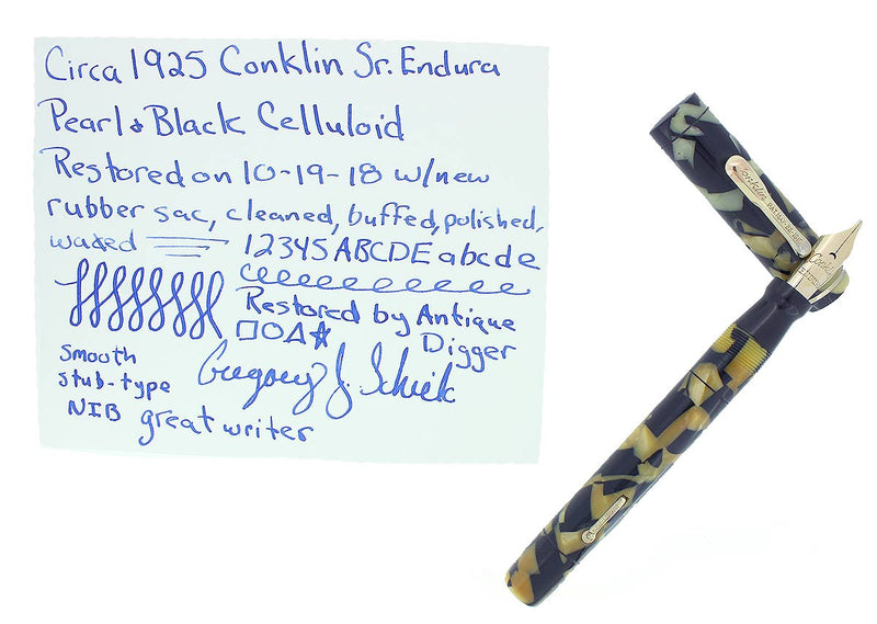 CIRCA 1925 CONKLIN SENIOR ENDURA BLACK & PEARL CELLULOID FOUNTAIN PEN RESTORED OFFERED BY ANTIQUE DIGGER