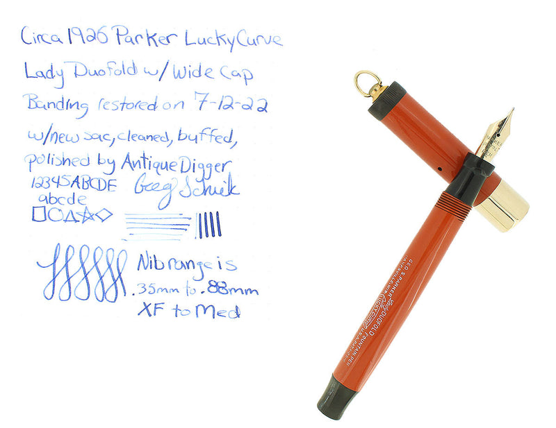 C1926 PARKER LUCKY CURVE DUOFOLD RED LADY DUOFOLD FOUNTAIN PEN RESTORED OFFERED BY ANTIQUE DIGGER