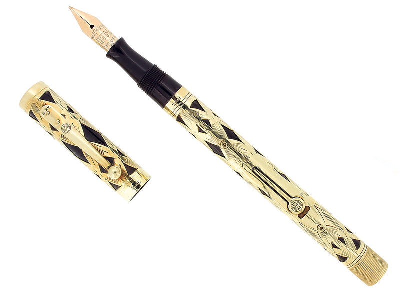 C1925 WATERMAN 552 1/2 L.E.C. BASKETWEAVE 14K GOLD OVERLAY FOUNTAIN PEN RESTORED OFFERED BY ANTIQUE DIGGER